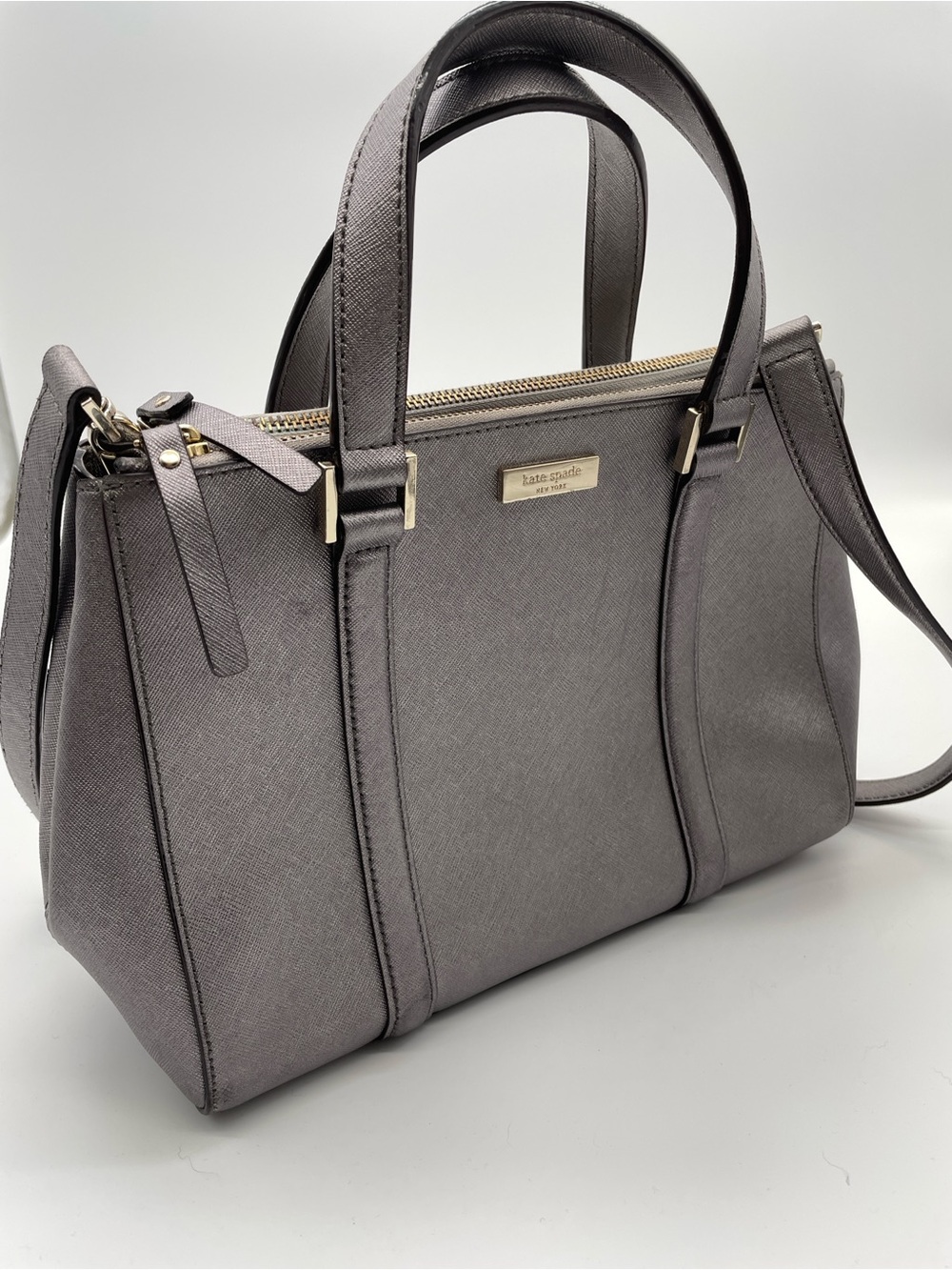 Kate Spade New York Cedar Street Metallic Pewter Leather Satchel Crossbody